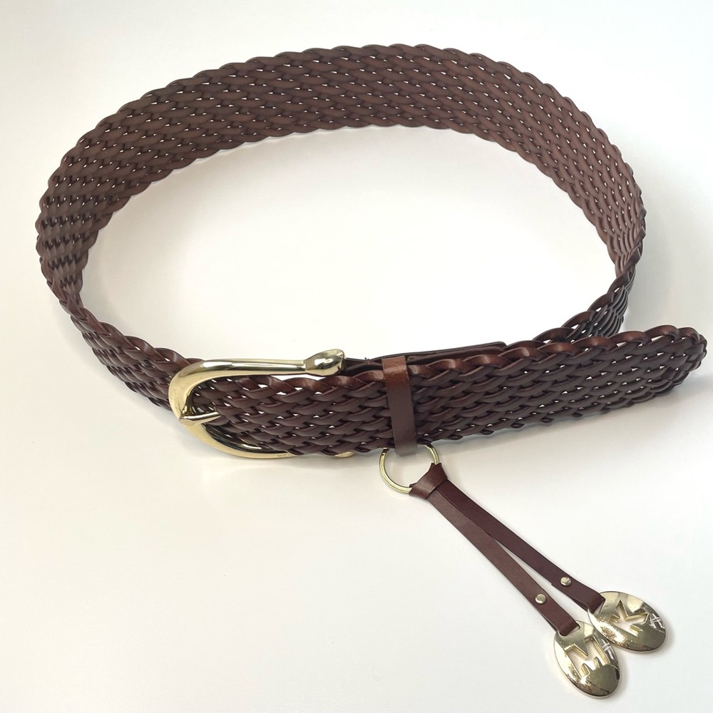 Michael Kors Brown Braided Chunky Woven Leather Belt with Gold Buckle Sz Medium